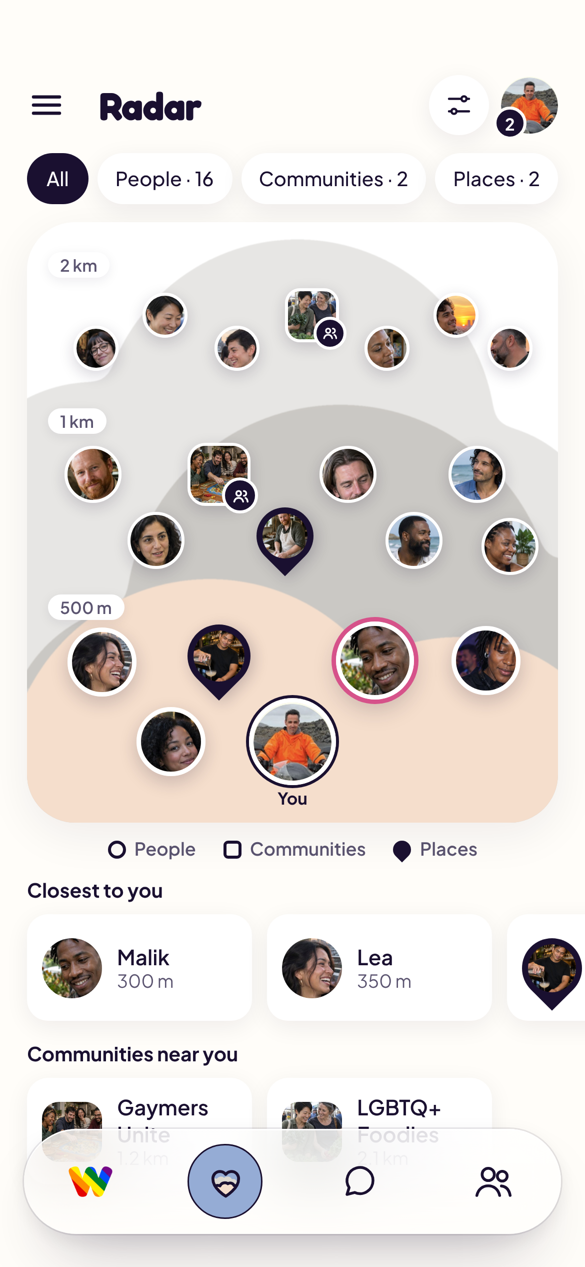 Waimz V13.1 Radar with nearby people, communities and places arranged across soft cloud layers