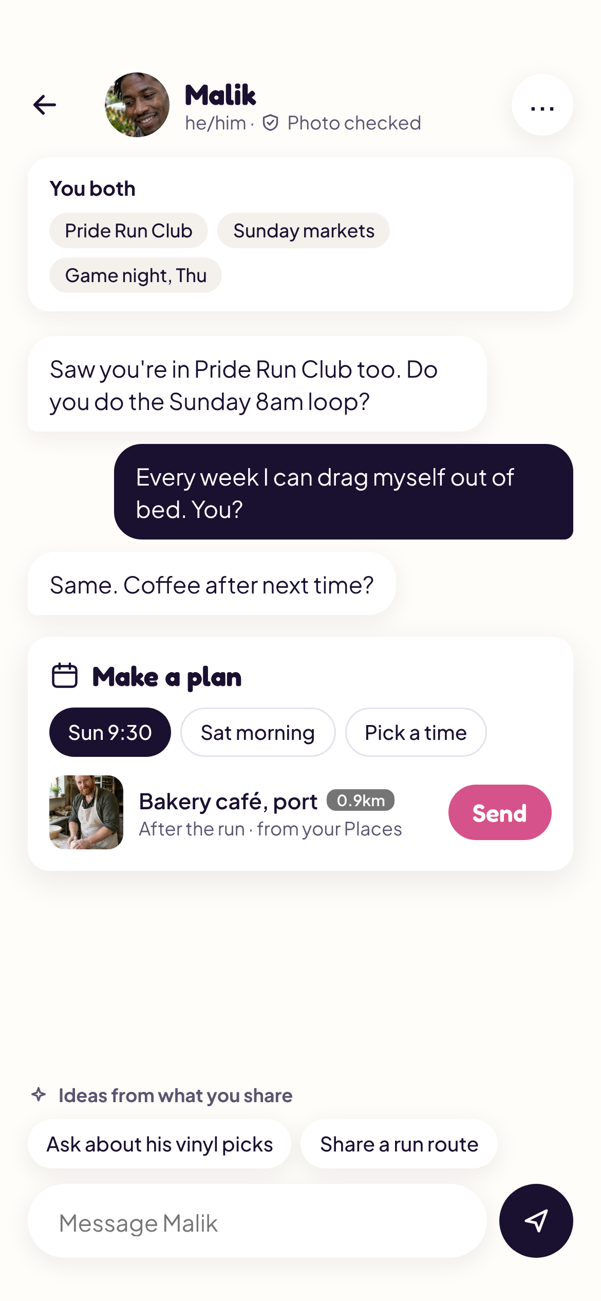 Waimz V13.1 conversation with shared interests and a coffee plan invitation
