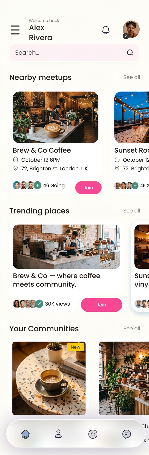 Waimz home screen with nearby meetups and trending places