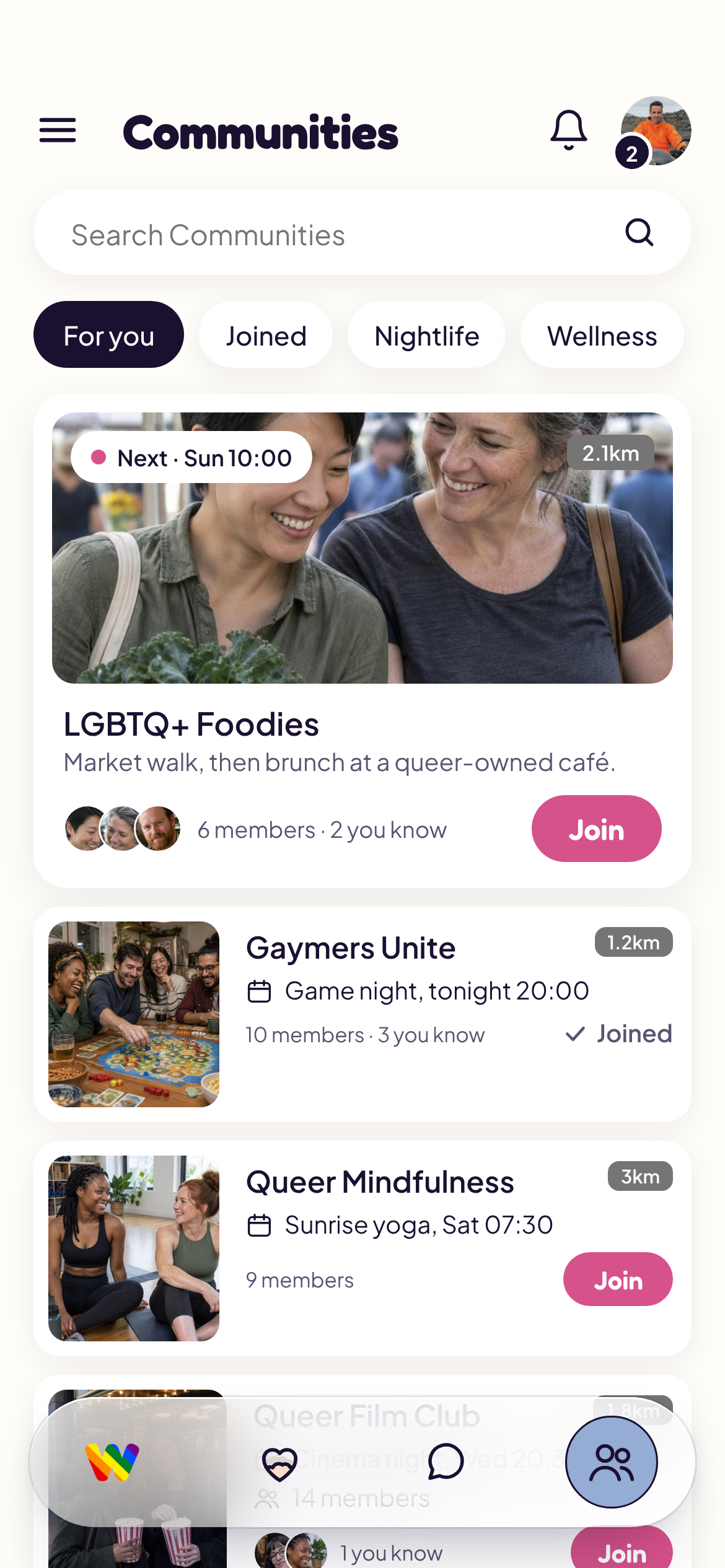 Waimz V13.1 Communities with LGBTQ+ Foodies, Gaymers Unite and Queer Mindfulness groups and member portraits