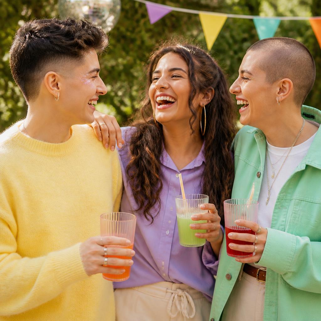 Androgynous friends laughing together at a Waimz community meetup