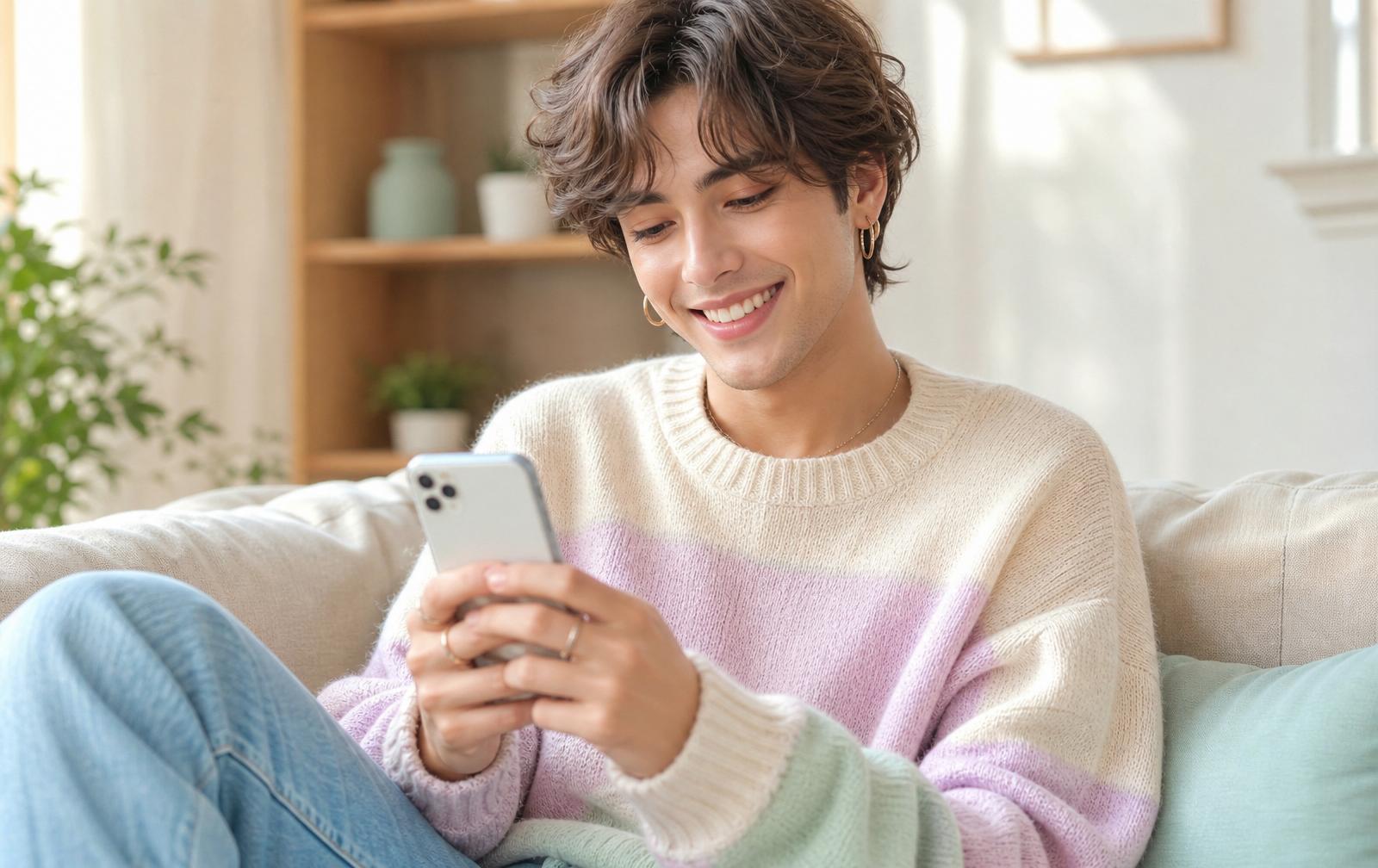 Smiling person in a pastel sweater using the Waimz app on their phone