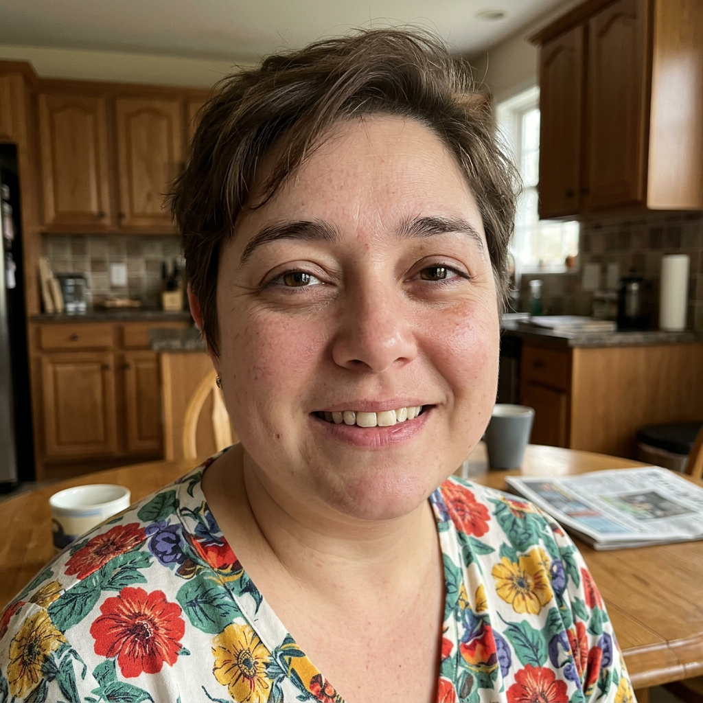 Person with short brown hair and a floral shirt smiling at a kitchen table