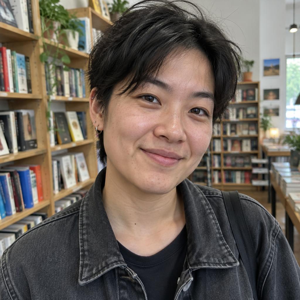 Young adult with short dark hair and a denim jacket smiling in a bookshop