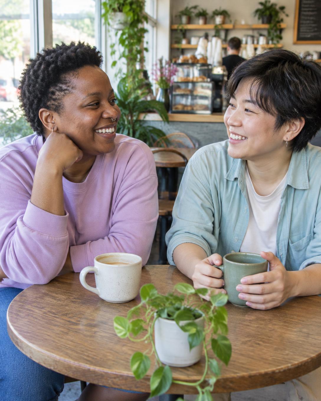 Two friends enjoying coffee at a neighborhood café