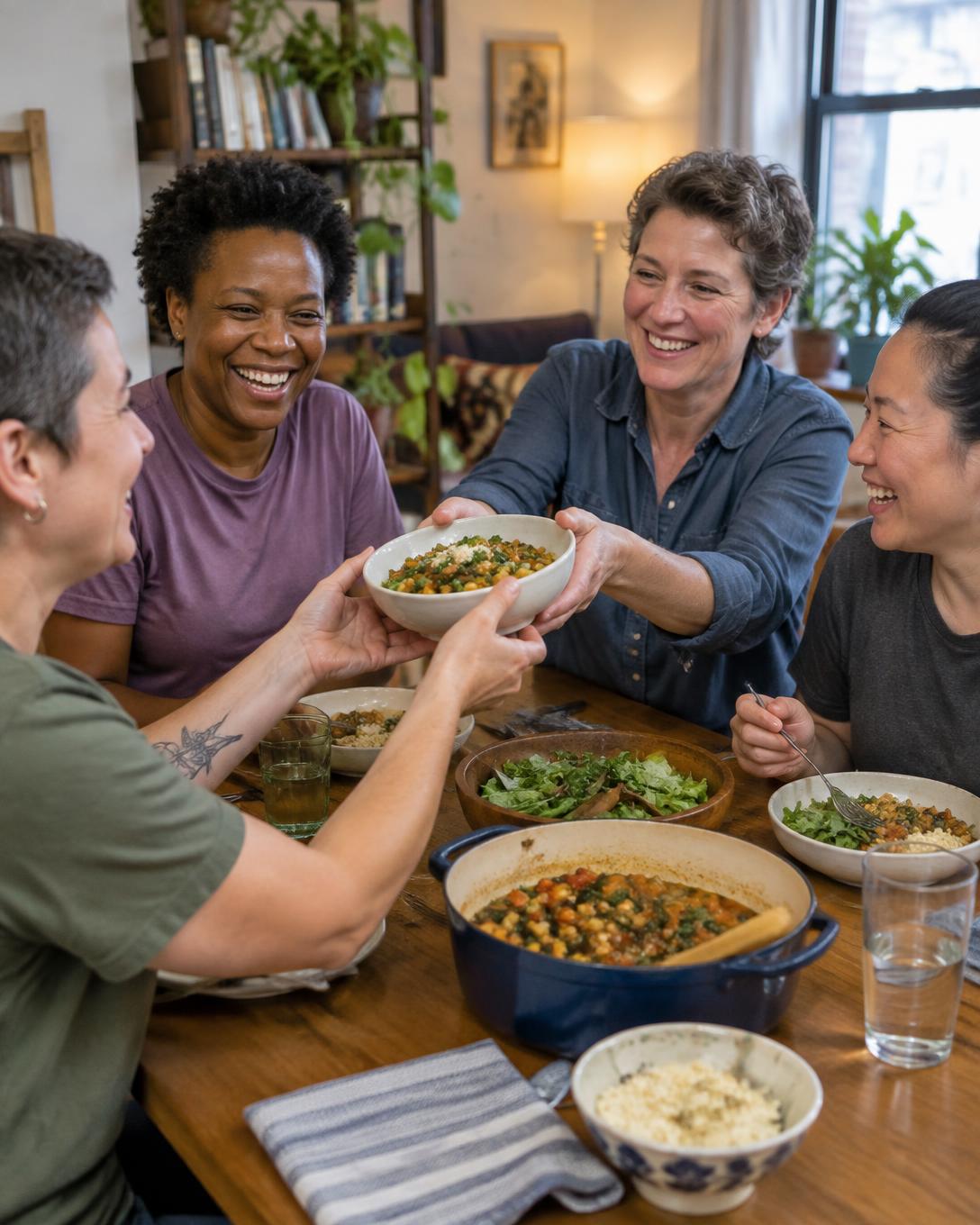 Friends smiling and sharing dinner around an apartment table