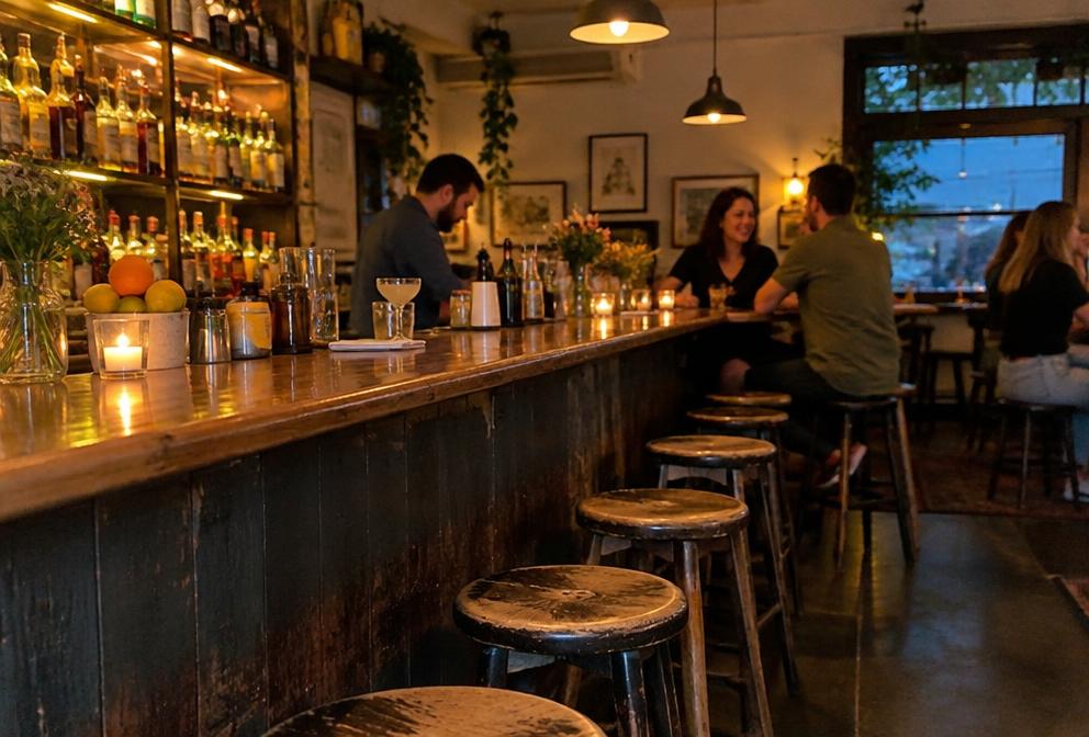 Illustrative Waimz bar scene with friends chatting at a neighborhood counter