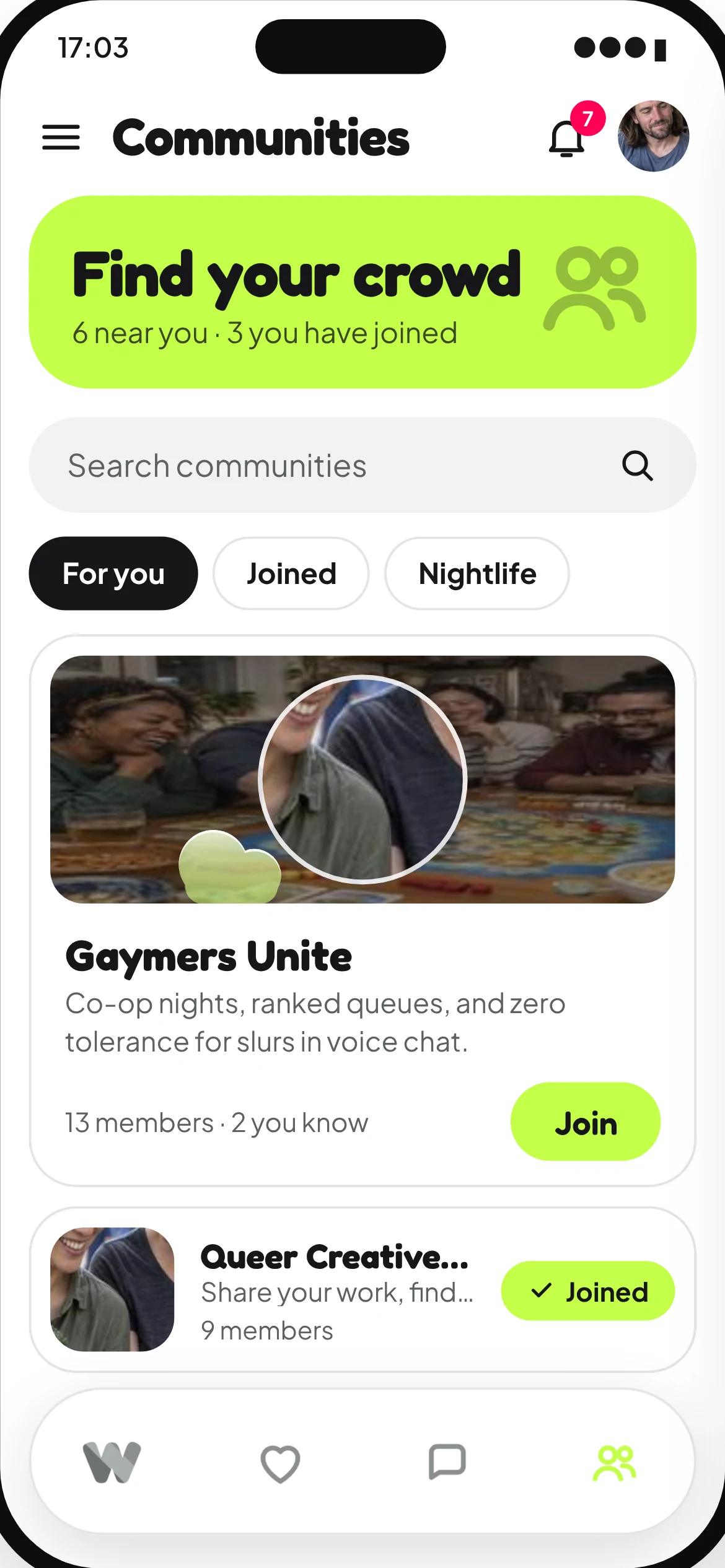 Waimz Communities: find your crowd, with Gaymers Unite and a Join button